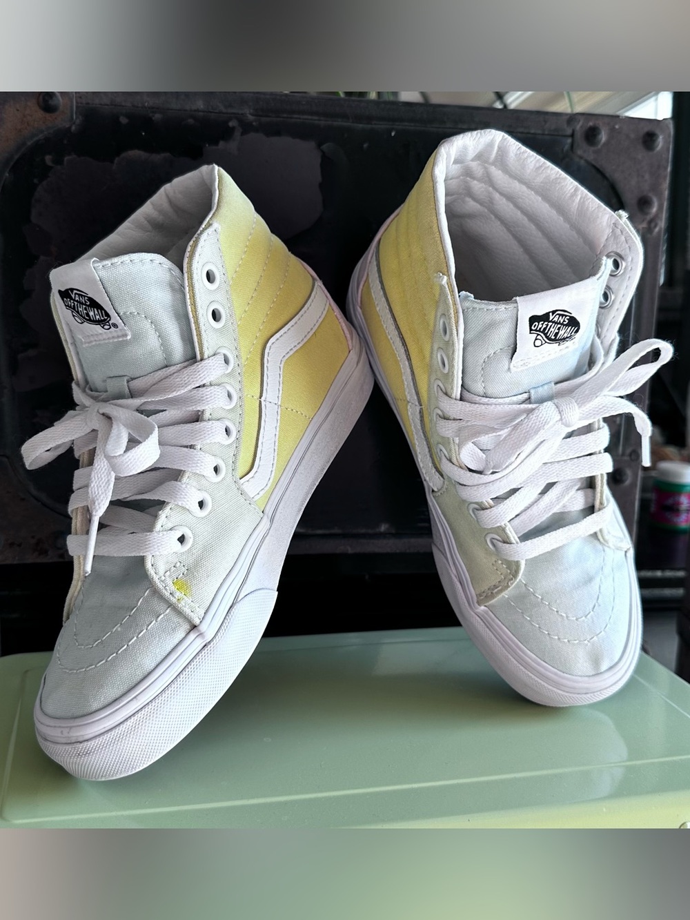 Vans Sk8 High Tops size 5 women/ 3.5 men’s pastel Yellow, Blue, green and White